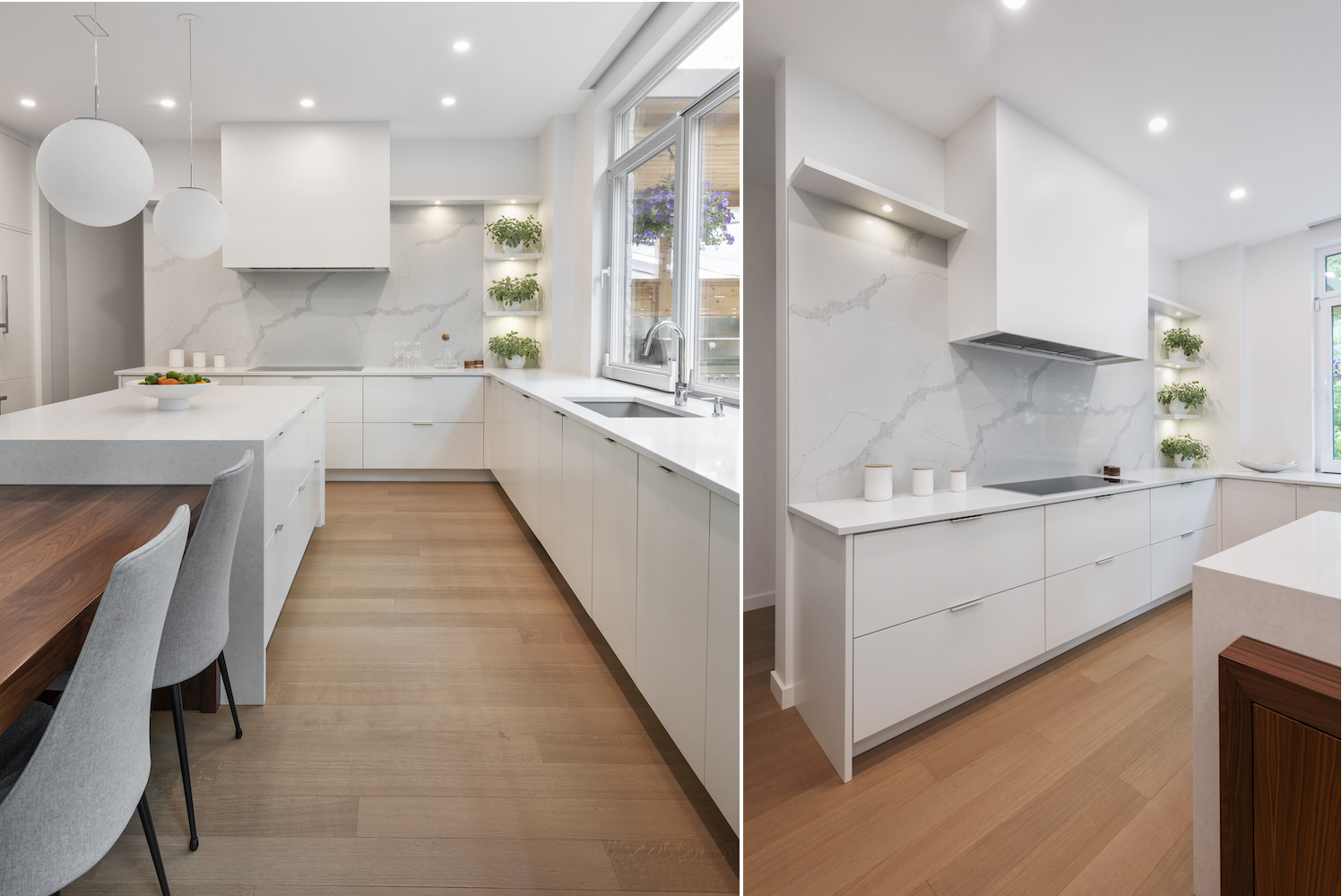 Modern Scandinavian kitchen featuring a spacious white island with a natural walnut dinning table, white cabinetry, and quartz backsplash. Bright and airy design with large windows and white oak flooring, complemented by hanging pendant lights and greenery.