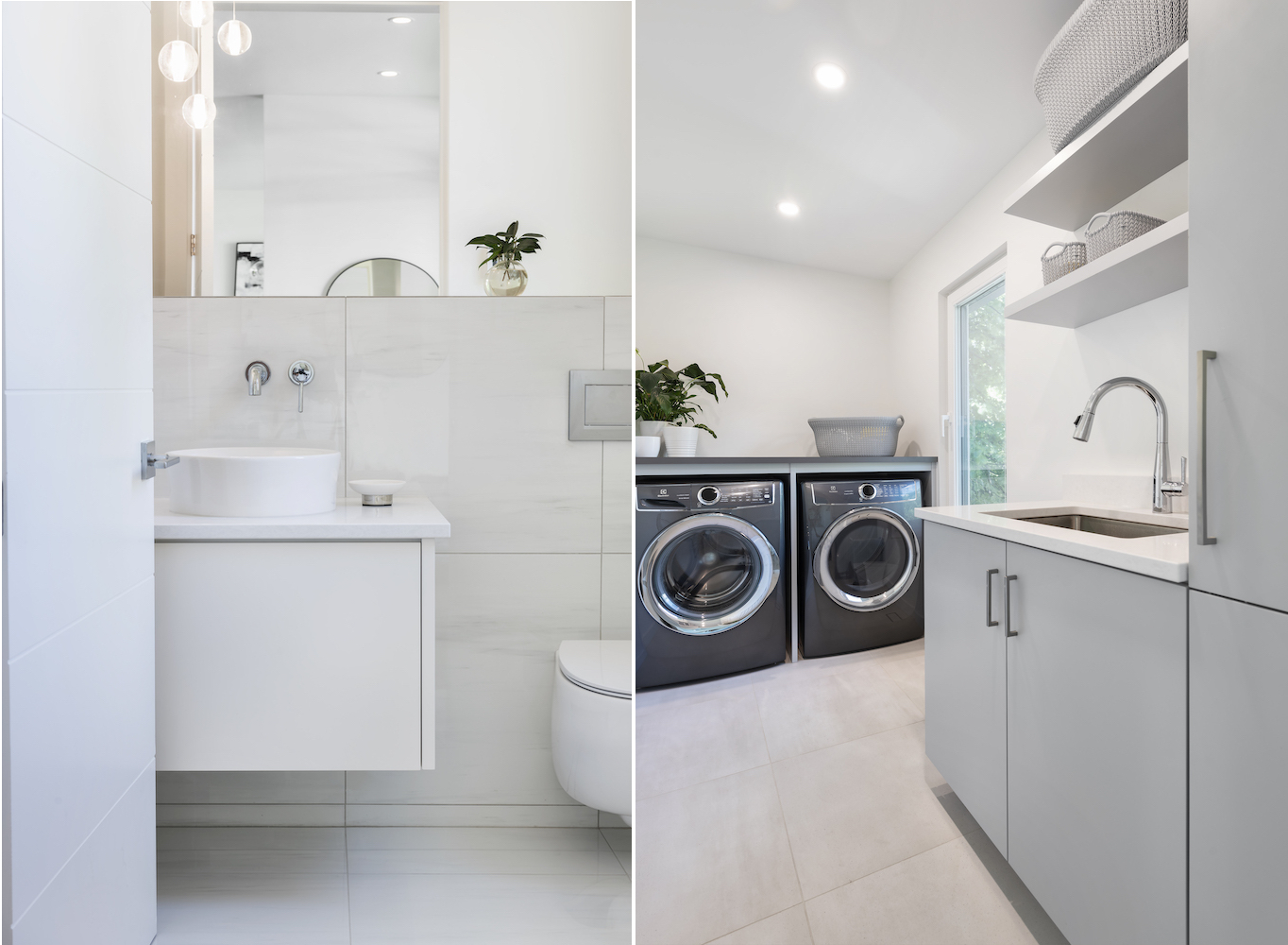 Split view of a modern Scandinavian powder room and laundry room. The powder room features a floating white vanity with a round vessel sink, wall-mounted faucet, and minimalist pendant lighting. The adjacent laundry room includes a front-loading washer and dryer, a utility sink, and open shelving for storage, with light gray cabinetry and quartz countertops.