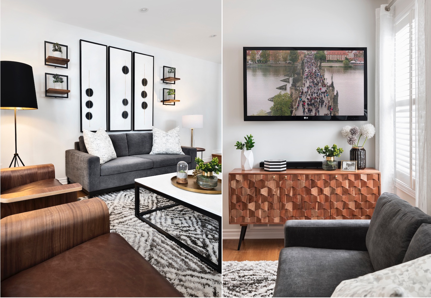 Mid-century modern living room in Ottawa designed by an interior decorator, featuring charcoal grey sofa, saddle tan leather chair, geometric wall art, black floor lamp, textured rug, and a wooden media console with 3D pattern. Neutral tones and greenery add warmth and balance to the space.