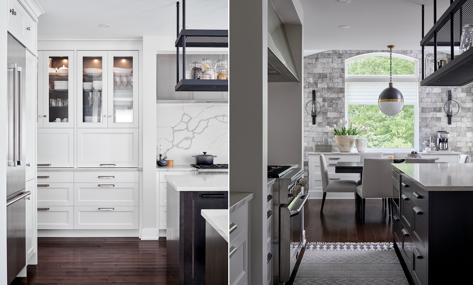 Transitional kitchen and dining area with custom cabinetry, veined quartz backsplash, industrial hanging shelving, and faux stone wall tile. Features built-in refrigerator, dark wood accents, and large windows for natural light. Designed by Ottawa kitchen designers.